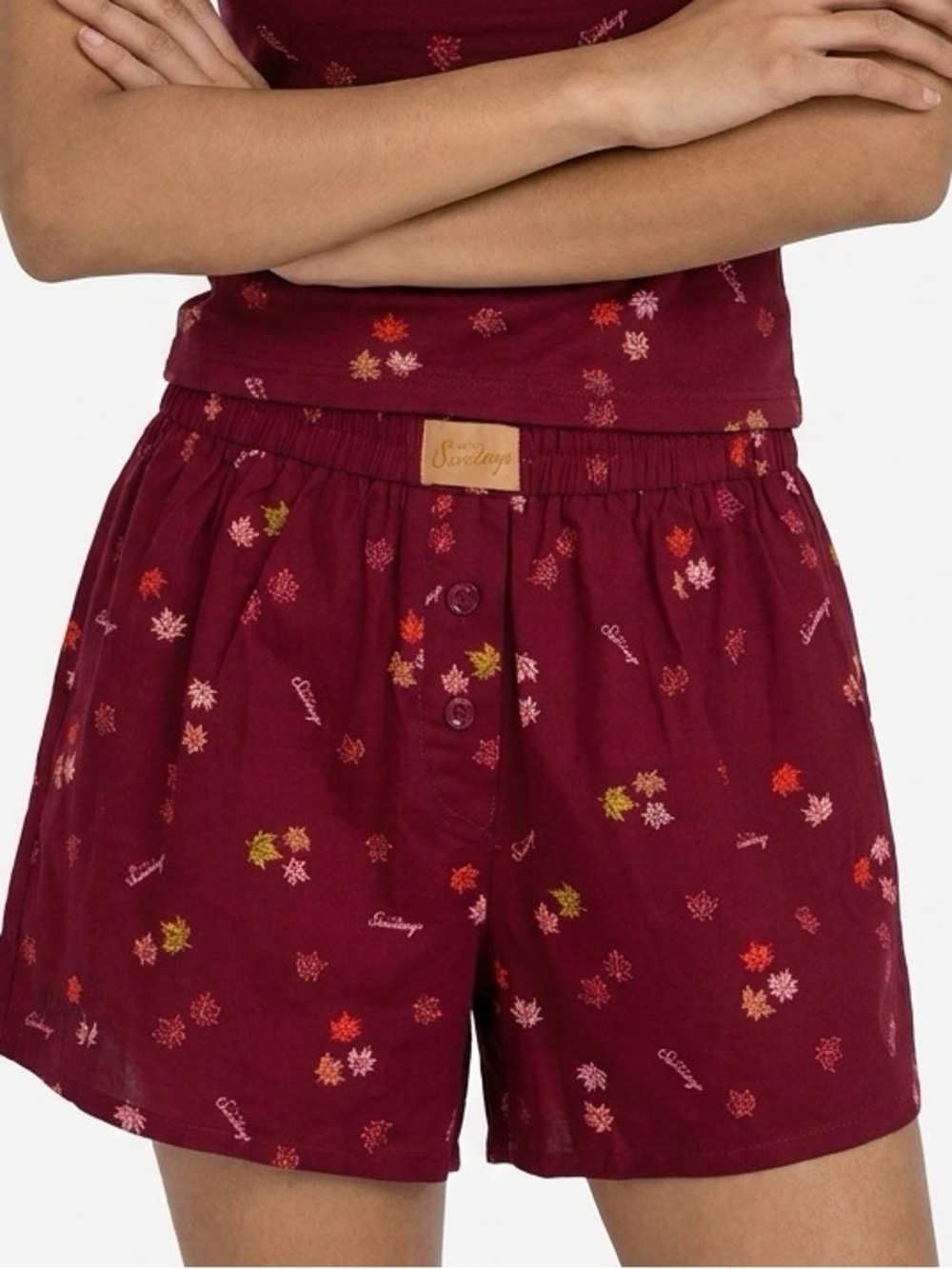 IN MY SUNDAYS | NEW Burgundy Fall Leaf-Print Boxer-Style Shorts Women’s Size M